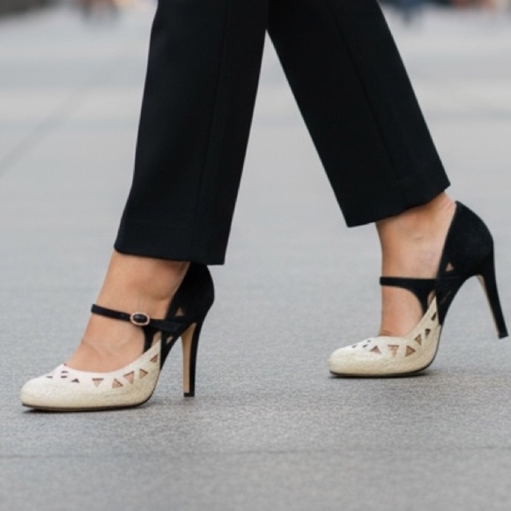 NINE WEST Black suede and Cream crocodile two-tone laser cut heels